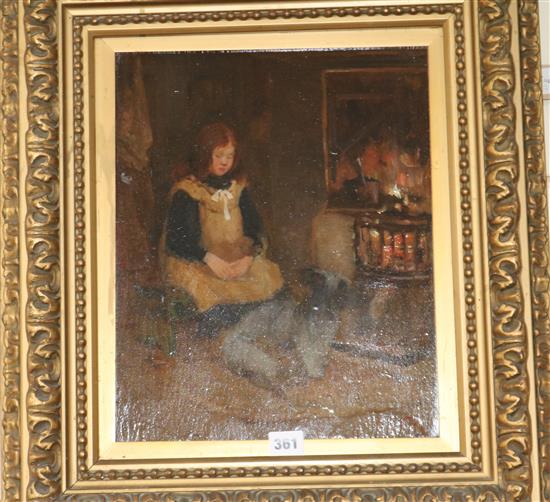 R.Noble, oil on board, Girl beside a hearth 37 x 29cm